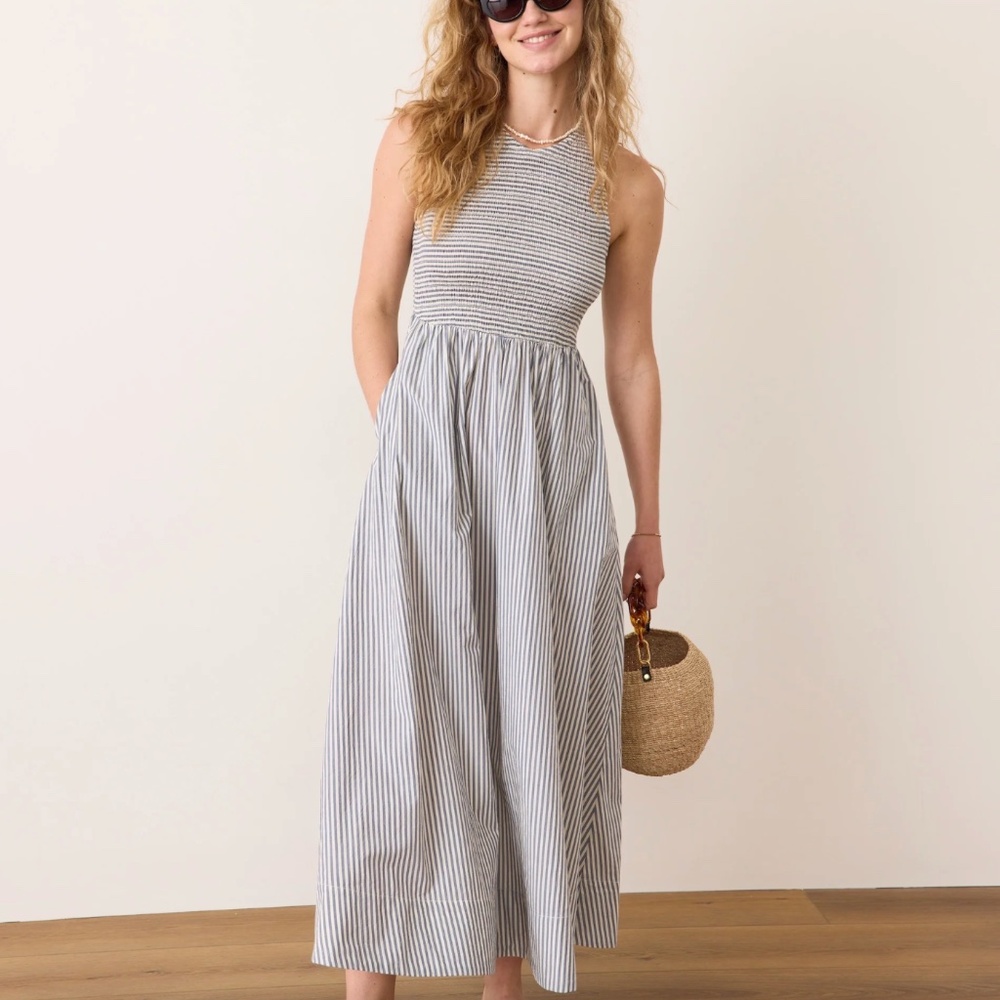 Marine Layer Darcy Poplin Smocked Dress, Navy Stripe, Size S